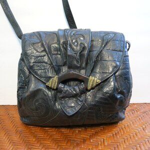 NWOT Sharif Black Reptile Embossed Patchwork Shoulder Bag/Purse 12½ x 10